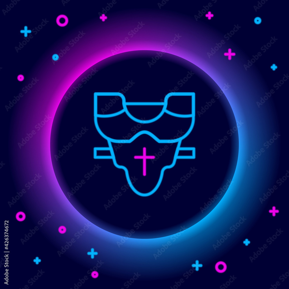 Glowing neon line American football player chest protector icon isolated on black background. Shoulder and chest protection for upper body. Team sports. Colorful outline concept. Vector Glowing neon line American football player chest protector icon isolated on black background. Shoulder and chest protection for upper body. Team sports. Colorful outline concept. Vector
