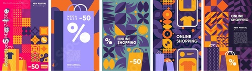 Online shopping and sale. Set of flat vector illustrations. Minimalistic background illustrations for sales, advertisements, coupons. Geometric pattern of store symbols and icons. Banner, poster.