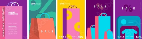 Online shopping and sale. Set of flat vector illustrations. Minimalistic background illustrations for sales, advertisements, coupons. Banner, poster, flyer.