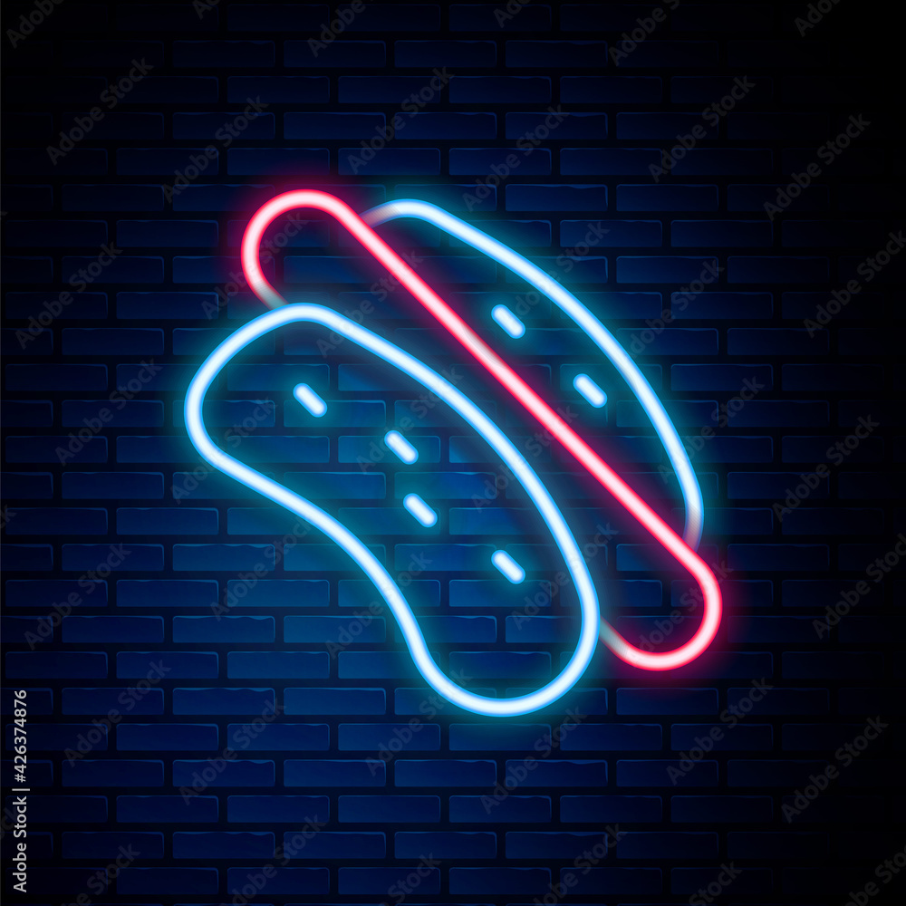 Glowing neon line Hotdog sandwich icon isolated on brick wall background. Sausage icon. Fast food sign. Colorful outline concept. Vector Glowing neon line Hotdog sandwich icon isolated on brick wall background. Sausage icon. Fast food sign. Colorful outline concept. Vector