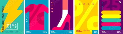 Online shopping and sale. Set of flat vector illustrations. Minimalistic background illustrations for sales, advertisements, coupons. Banner, poster, flyer.