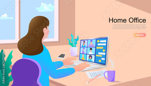 A woman is sitting on the floor with a laptop. Cute vector illustration in flat style. Lady working at home, stay at home. people quarantine in lockdown. Social distancing. 