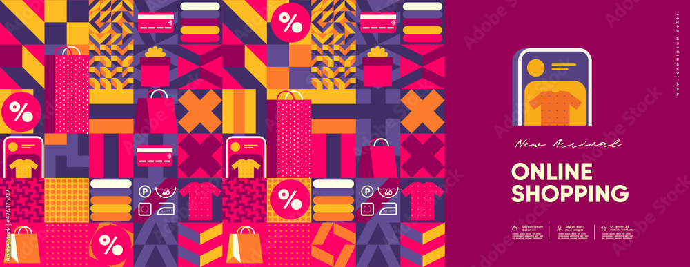 Online shopping and sale. Flat vector illustration. Minimalistic background illustrations for sales, advertisements, coupons. Geometric pattern of store symbols and icons. Banner, poster, flyer. Online shopping and sale. Flat vector illustration. Minimalistic background illustrations for sales, advertisements, coupons. Geometric pattern of store symbols and icons. Banner, poster, flyer.