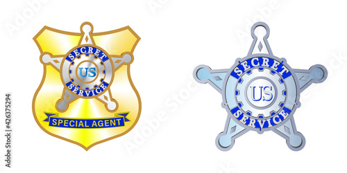 Set of icons or badges frontally. Shield and star - Special Agent of the United States Secret Service. First part