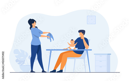 Happy parents caring newborn and smiling. Mother, father, baby flat vector illustration. Parenthood and infancy concept for banner, website design or landing web page