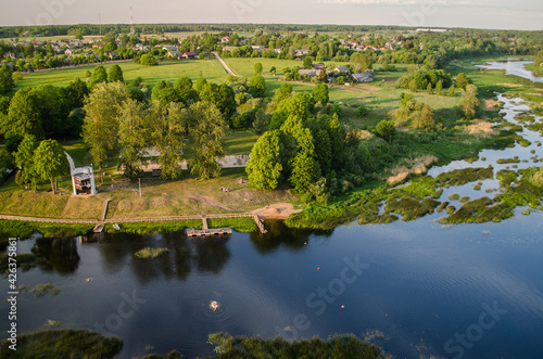 Hot air balloon flight over the city of Kuldiga, Latvia.