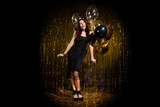 Full body portrait of excited pretty person hand hold balloons wear stilettos isolated on stage spot light