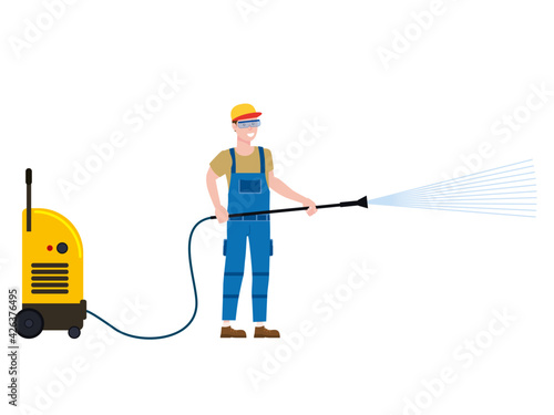 Car Wash worker with equipment. Auto Service man worker washing, clean car. Vector illustration isolated