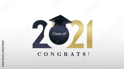 Class of 2021 graduation with golden numbers. Class of 20 and 21 congratulations graduate design with decoration gold beams for cards, invitations or banner. Vector. Isolated on white background.