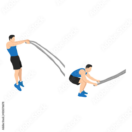 Man doing battle rope double arm slams exercise flat vector illustration isolated on white background