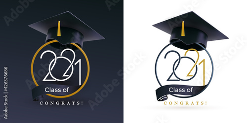 Class of 2021 with graduation cap. Congratulations on graduation with the inscription graduate. Set of Flat simple design. Vector Illustration. Isolated on black and white background.