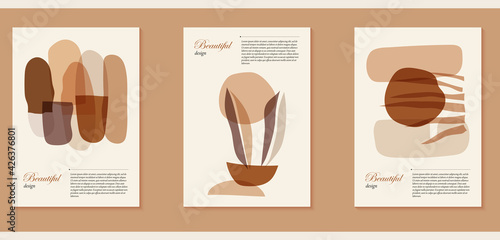 A set of three abstract minimalist aesthetic floral illustrations. Minimal silhouettes of plants on a light background. Modern monochrome vector posters for social media, web design in vintage style.