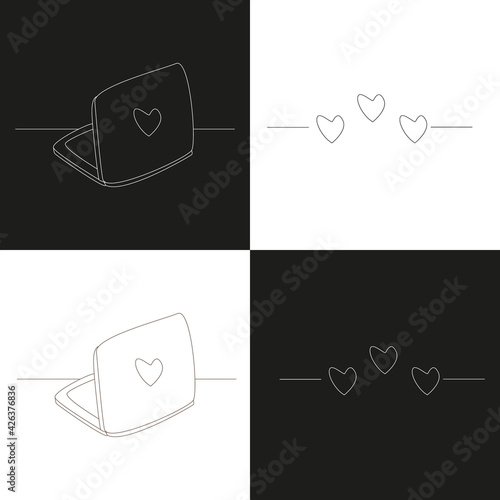 Cute vector hand drawn doodle, laptop with hearts. Stay Home, work in home. Freelance. Online studied. Quarantine positive doodle dreamer. Isolated on white and black background. photo