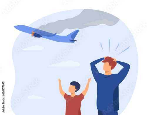 Scared dad and son looking at damaged plane in sky. Aircraft, fire, engine flat vector illustration. Catastrophe and crash concept for banner, website design or landing web page