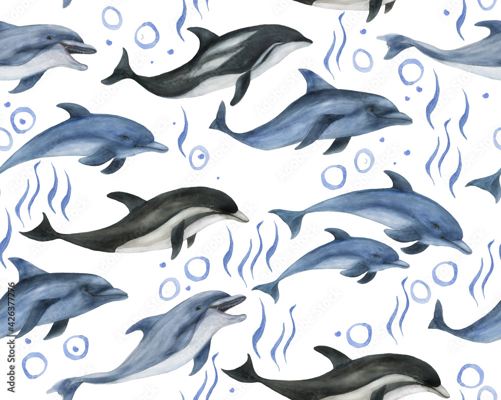 Watercolor painting seamless pattern with dolphins Watercolor painting seamless pattern with dolphins