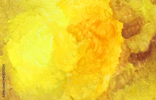 Abstract background of brush strokes of gouache paint in yellow, brown, orange colors. Joyful yellow design for tie, bathroom tiles, wallpaper, textiles.