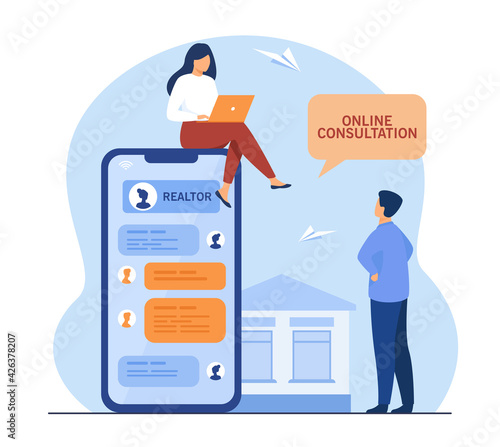 Tiny people getting consultation from realtor online. House, smartphone, chat flat vector illustration. Communication and digital technology concept for banner, website design or landing web page