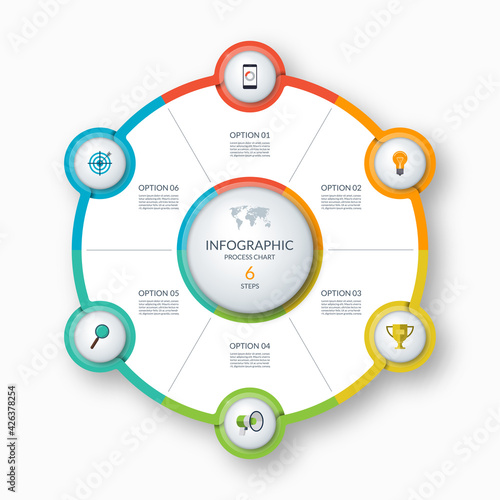 Infographic circle, process chart, cycle diagram. 6 steps. Vector template for business presentation, report, brochure