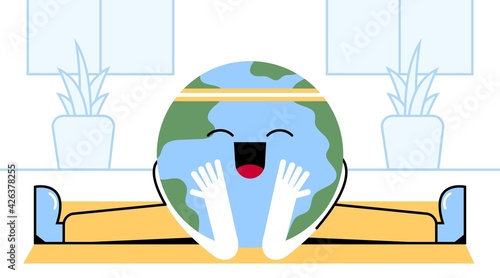 Cute Planet Earth goes in for sports at home. Flat vector Earth illustration. Caring for Nature. Earth hour or day. For the World Environment Day banner or poster.