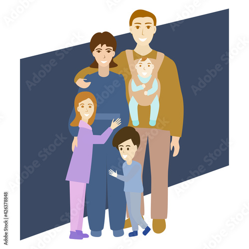 Mother and father with their three children. Patents and sibling. Happy family portrait. Isolated vector illustration on a white background.