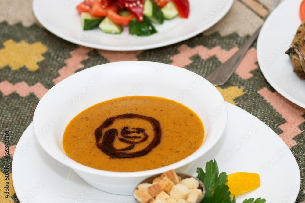 Turkish lentil puree soup  Mercimek. Vegan food.