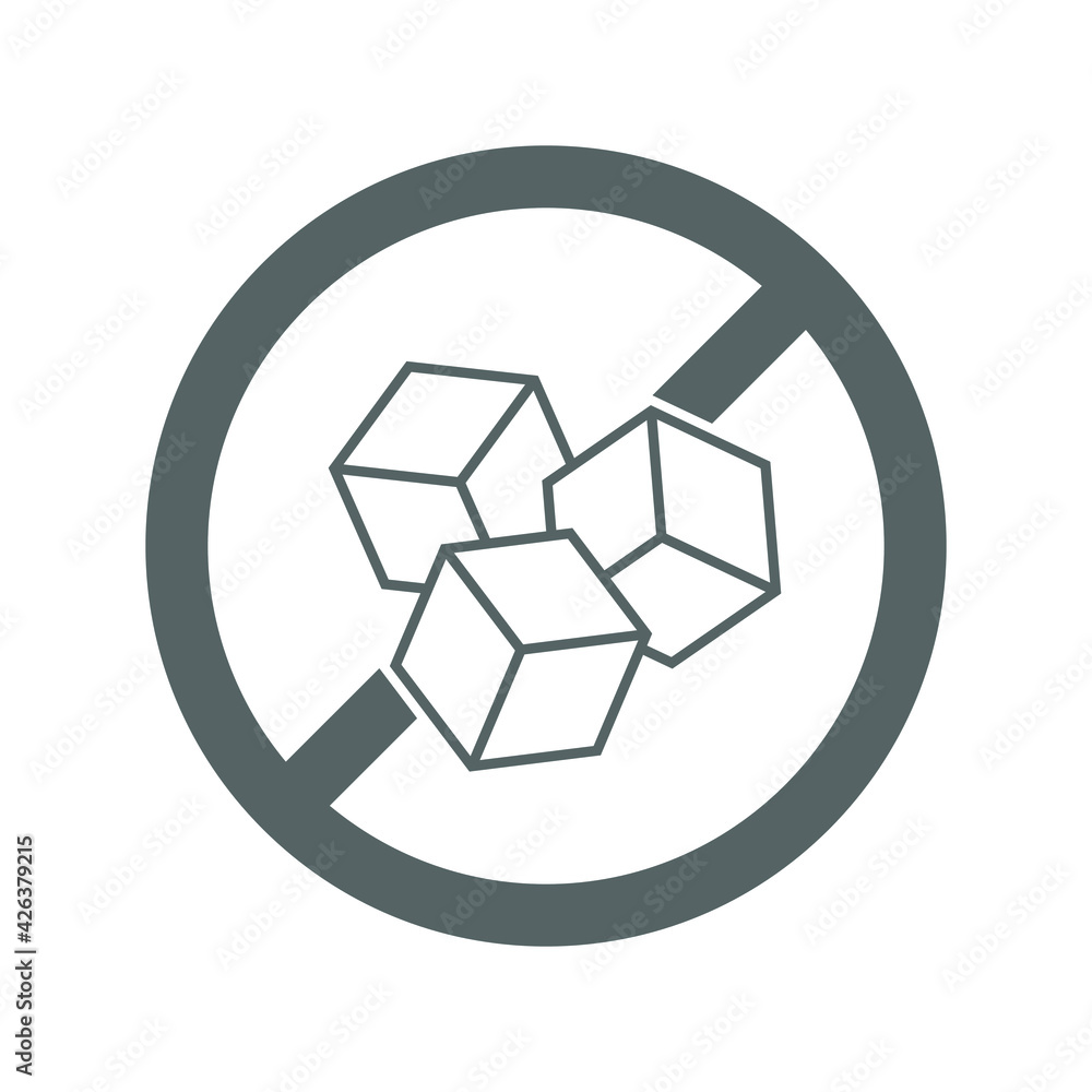 Sugar free graphic icon. Without sugar sign isolated on white background. Prohibition sign on sugar cubes. Vector illustration Sugar free graphic icon. Without sugar sign isolated on white background. Prohibition sign on sugar cubes. Vector illustration