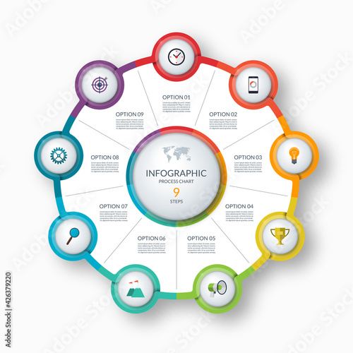 Infographic circle, process chart, cycle diagram. 9 steps. Vector template for business presentation, report, brochure