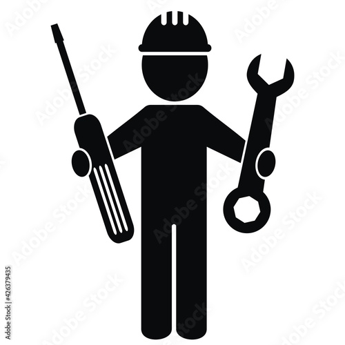 Person with wrench and screwdriver, black silhouette, vector icon