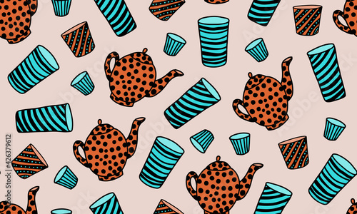 Seamless pattern with tableware or kitchenware. Vector teapot and cups