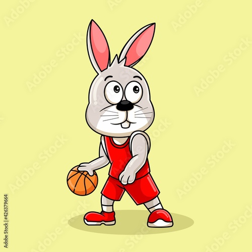 rabbit mascot cartoon playing basketball