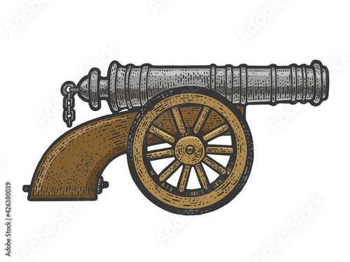 Vintage old cannon color sketch engraving vector illustration. T-shirt apparel print design. Scratch board imitation. Black and white hand drawn image.