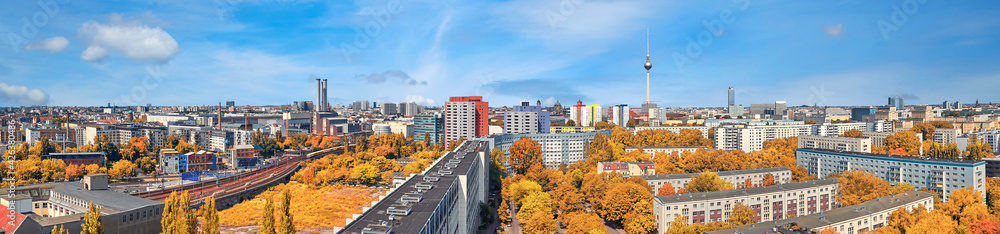 Eastern Berlin from above: modern buildings, television tower on