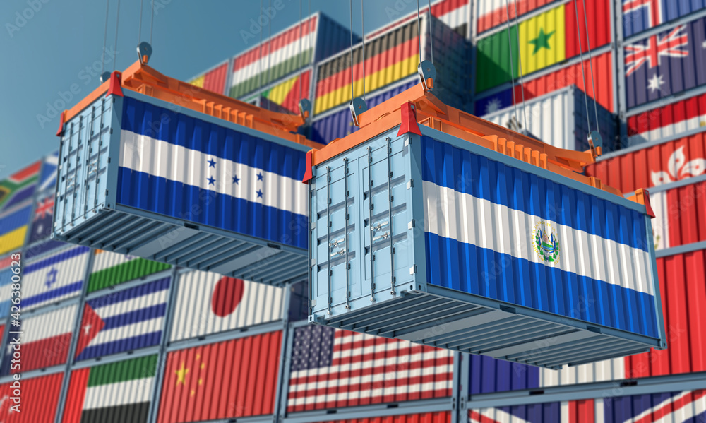 Freight containers with Honduras and El Salvador national flags. 3D Rendering 