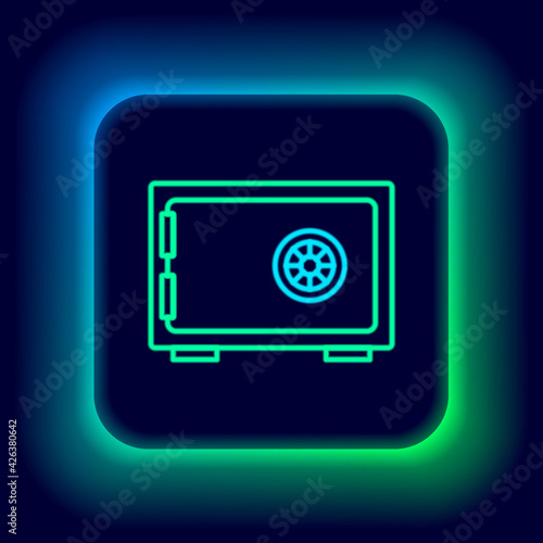 Glowing neon line Safe icon isolated on black background. The door safe a bank vault with a combination lock. Reliable Data Protection. Colorful outline concept. Vector