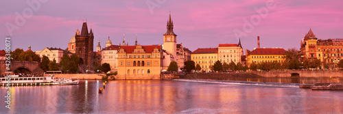 Prague, riverside on sunset with reflection