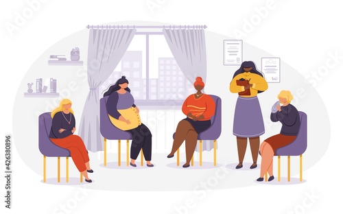 Psychologist counseling group women patients.Female characters sitting on chairs in circle and talking. Group therapy, people counseling with psychologist, persons in psychotherapist sessions.