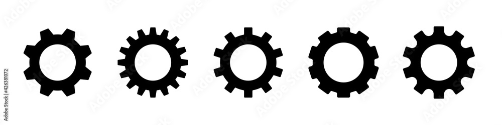 Gear set. Black gear wheel icons on white background. Vector illustration.