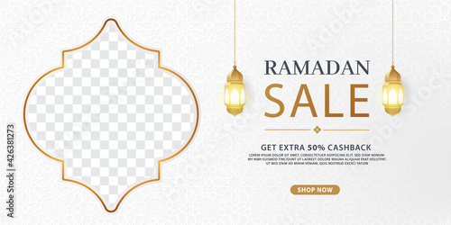 Ramadan sale discount banner template promotion design for business. white and gold background