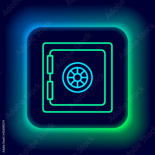 Glowing neon line Safe icon isolated on black background. The door safe a bank vault with a combination lock. Reliable Data Protection. Colorful outline concept. Vector