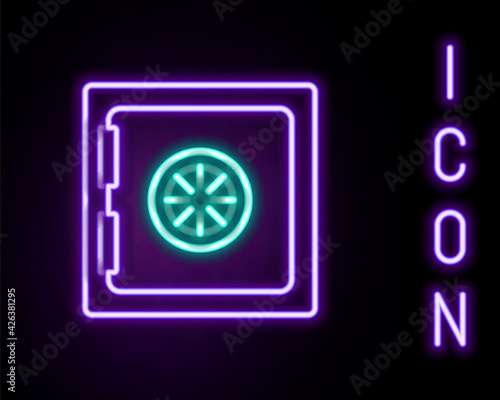 Glowing neon line Safe icon isolated on black background. The door safe a bank vault with a combination lock. Reliable Data Protection. Colorful outline concept. Vector
