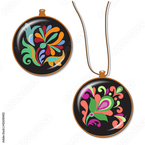 A badge, a medallion on a string with a folk plant ornament, can be used for packaging design, web pages, postcards, stickers. Vector