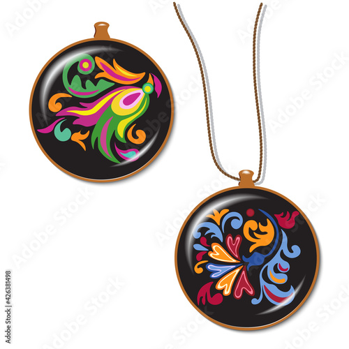 A badge, a medallion on a string with a folk plant ornament, can be used for packaging design, web pages, postcards, stickers. Vector