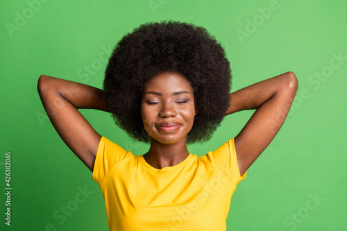 Top above high angle view photo of young beautiful lovely smiling afro girl daydreaming isolated on green color background