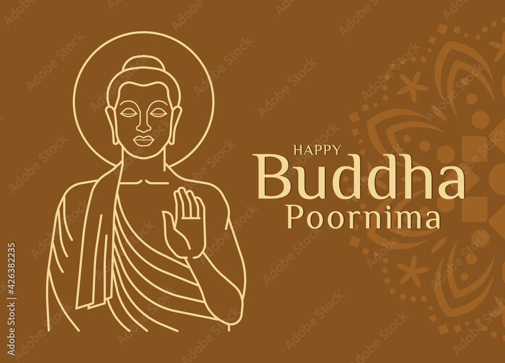 Happy buddha poornima with abstract line border The Buddha raised his hand to bless on brown background vector design Happy buddha poornima with abstract line border The Buddha raised his hand to bless on brown background vector design