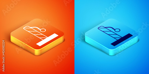 Isometric Cat scratching post with toy icon isolated on orange and blue background. Vector