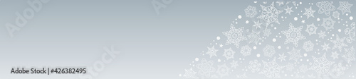 Snowflake banner, vector white flakes on gray background