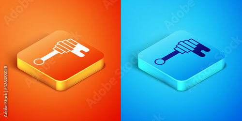 Isometric Honey dipper stick with dripping honey icon isolated on orange and blue background. Honey ladle. Vector