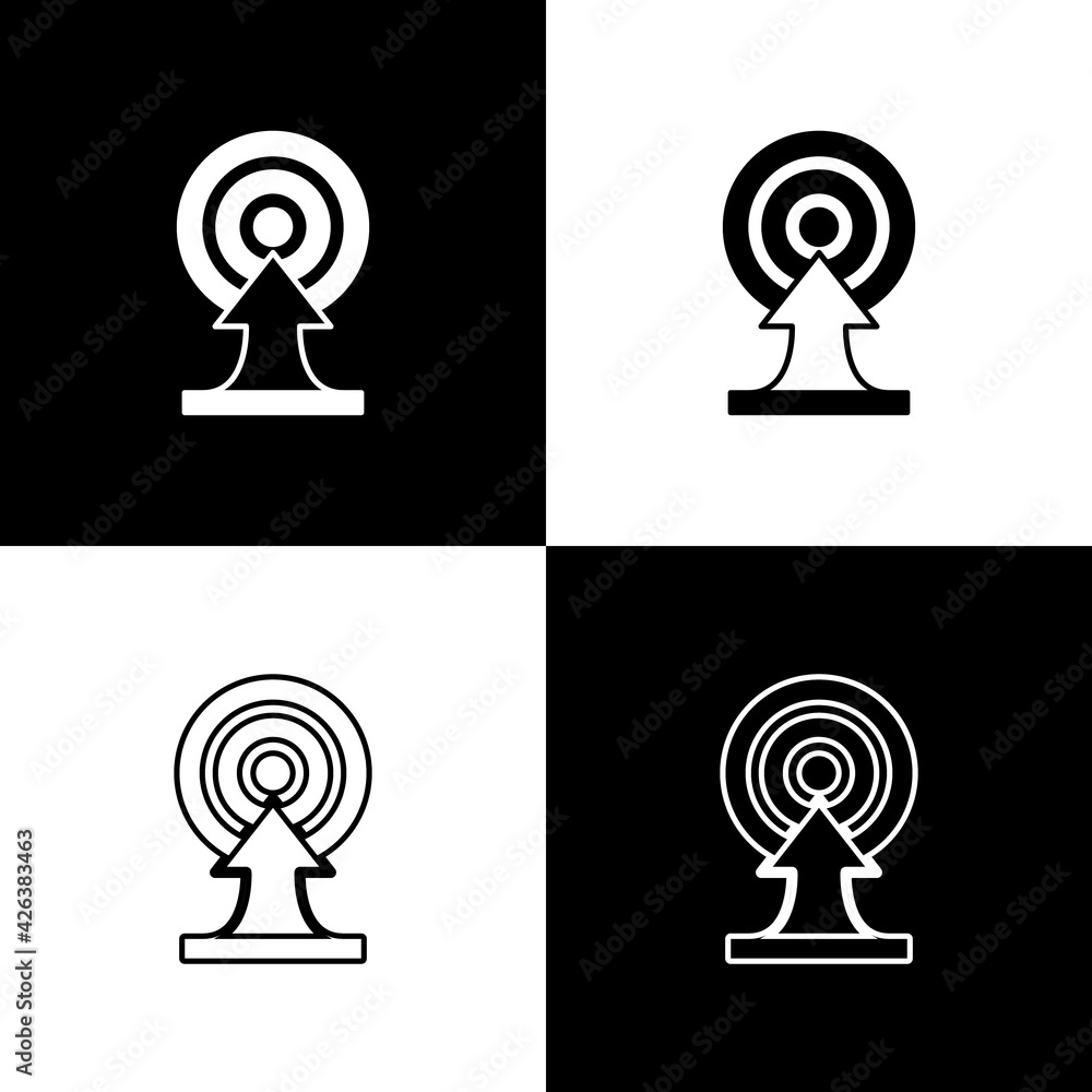 Set Target with arrow icon isolated on black and white background. Dart board sign. Archery board icon. Dartboard sign. Business goal concept. Vector Set Target with arrow icon isolated on black and white background. Dart board sign. Archery board icon. Dartboard sign. Business goal concept. Vector