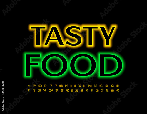 Vector modern sign Tasty Food. Yellow Glowing Font. Illuminated Alphabet Letters and Numbers set