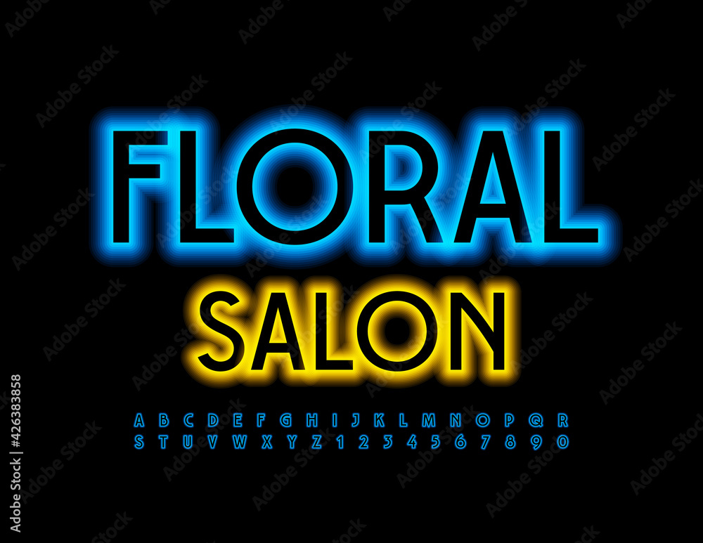 Vector Neon Sign Floral Salon. Blue Electric Font. Glowing Alphabet Letters and Numbers Vector Neon Sign Floral Salon. Blue Electric Font. Glowing Alphabet Letters and Numbers